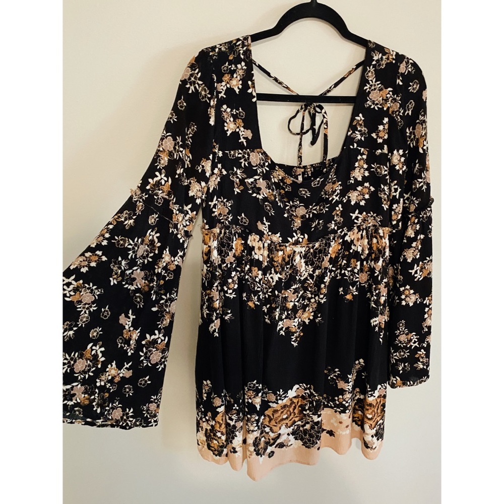 Free People Black and Cream Floral Long Sleeve Dress